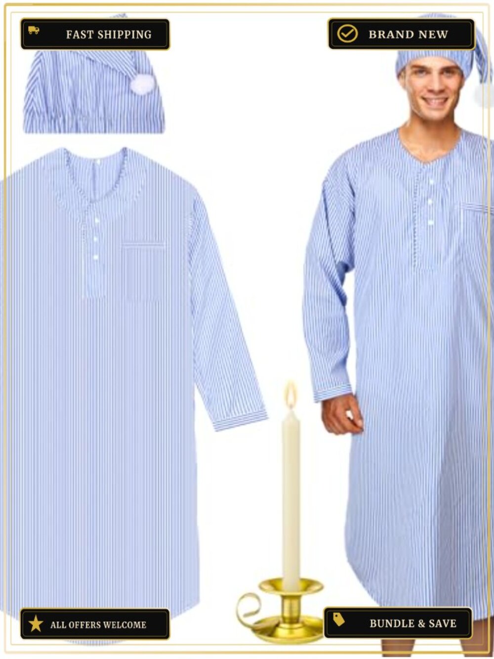 Men's Christmas Pajama Set Nightgown Cap Candle Holder Polyester Cotton Metal 4